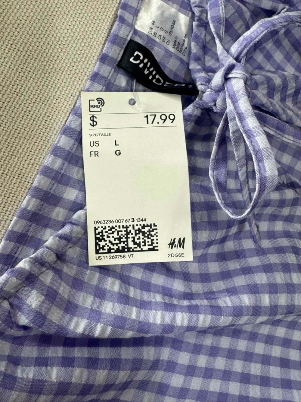 H&M Lavender Gingham Tie-Front Puff Sleeve Blouse - Picture 6 of 8